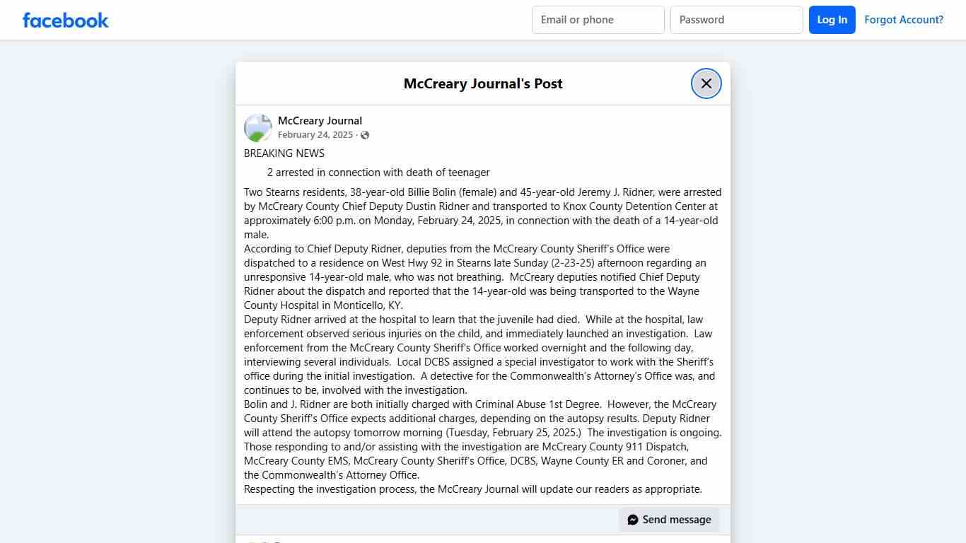 BREAKING NEWS 2 arrested in... - McCreary Journal Facebook